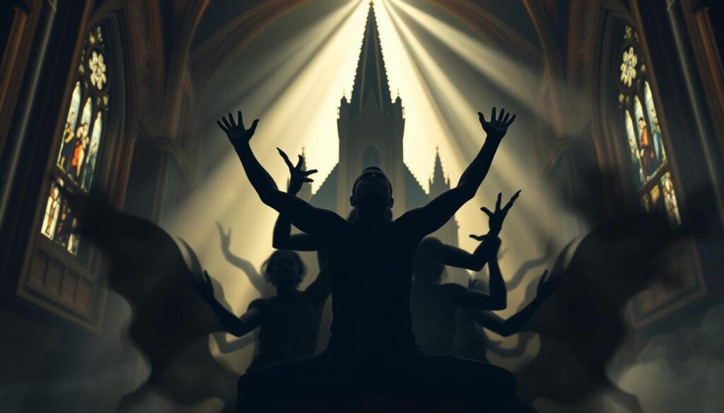A Catholic cathedral stands in the background, its steeple piercing the sky. In the foreground, a figure in a yoga pose appears to be enveloped by shadowy, demonic-like entities, evoking a sense of spiritual danger and temptation. The lighting is dramatic, with beams of light filtering through stained glass windows, casting an ominous glow on the scene. The composition emphasizes the contrast between the sacred and the profane, hinting at the potential spiritual threats that the article's section title alludes to.