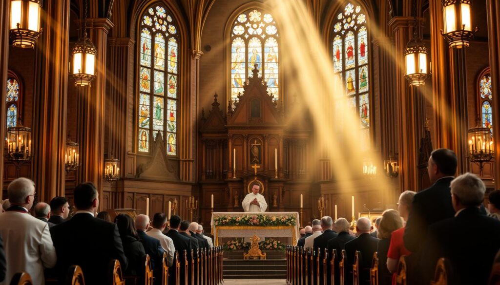 A Catholic mass for the deceased, held 30 days after their passing. An ornate church interior with stained glass windows, wooden pews, and an altar adorned with candles and religious iconography. Priests in ceremonial robes lead the solemn service, as mourners in somber attire gather to honor the memory of their lost loved one. Rays of warm, golden light filter through the windows, casting a reverent glow over the scene. The atmosphere is one of quiet contemplation, as the community comes together to offer prayers and find solace in their shared grief.