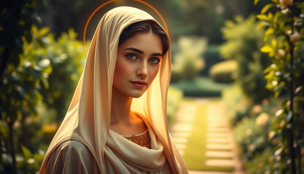 A beautiful, serene portrait of Saint Filomena, the patron saint of youth and the sick. She stands in the foreground, her gentle gaze conveying a sense of compassion and wisdom. Soft, warm lighting illuminates her delicate features, casting a heavenly glow. In the middle ground, a lush, verdant garden provides a natural, idyllic backdrop, evoking a sense of tranquility and renewal. The overall composition and atmospheric tones create a reverent, contemplative mood, inviting the viewer to meditate on the saint's virtues and intercession.
