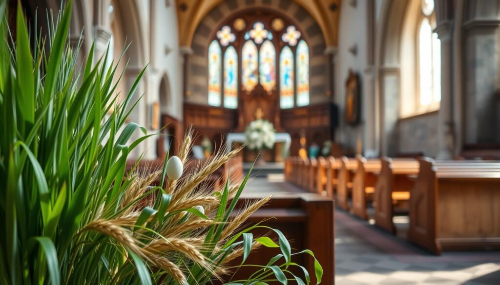 A church interior bathed in soft, natural light, with a serene and reverent atmosphere. In the foreground, an arrangement of freshly harvested wheat stalks and lush, vibrant green herbs, their verdant hues contrasting against the warm, earthy tones of the wooden pews and stone walls. The middle ground features a delicate floral display, with delicate blooms in shades of white, yellow, and pink, creating a sense of springtime and new life. In the background, the ornate altar stands as the focal point, its ornate details and stained glass windows casting a warm, ethereal glow throughout the sacred space. The overall scene conveys a harmonious blend of natural elements and religious solemnity, perfectly capturing the essence of Easter decorations in a church setting.