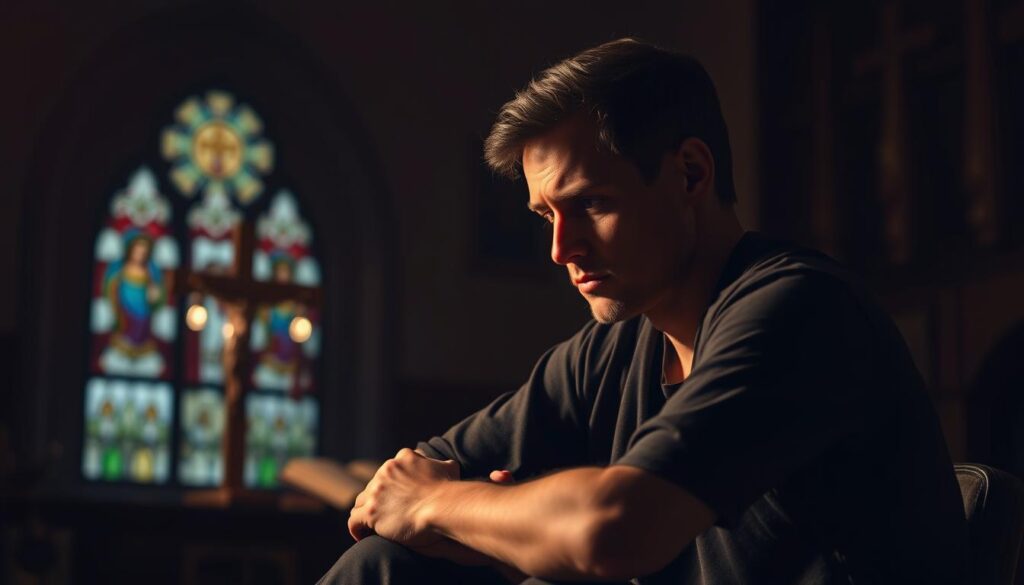 A contemplative figure seated in a dimly lit room, their expression pensive and introspective. The background is softly blurred, with subtle hints of symbolic religious imagery - a crucifix, a stained glass window, or a prayer book - to evoke the Catholic context. The lighting is warm and diffused, creating a sense of introspection and inner exploration. The composition emphasizes the subject's psychological state, with a focus on their facial features and body language, conveying the complex emotional and moral dimensions of the topic at hand.