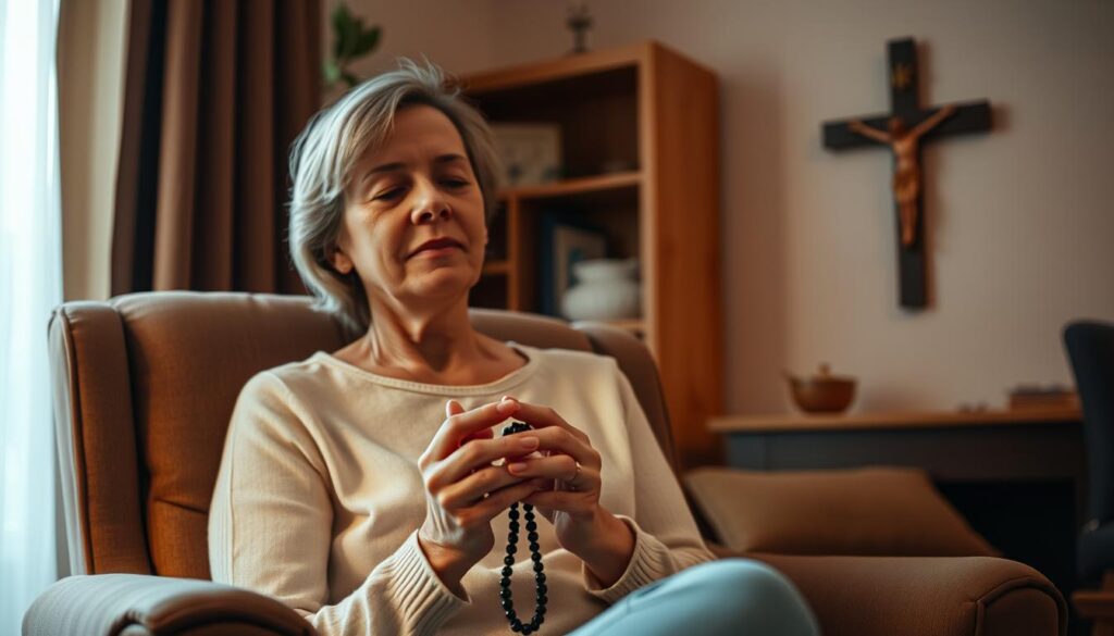 A cozy living room setting, with a woman seated on a comfortable armchair, quietly reciting the rosary. Soft, warm lighting fills the space, creating an atmosphere of tranquility and devotion. The woman's hands gently hold the rosary beads, her expression serene and contemplative. In the background, a simple wooden crucifix hangs on the wall, a symbol of her faith. The scene captures the integration of the rosary prayer into the everyday moments of life, highlighting the power of this timeless tradition to bring peace and connection to the faithful.
