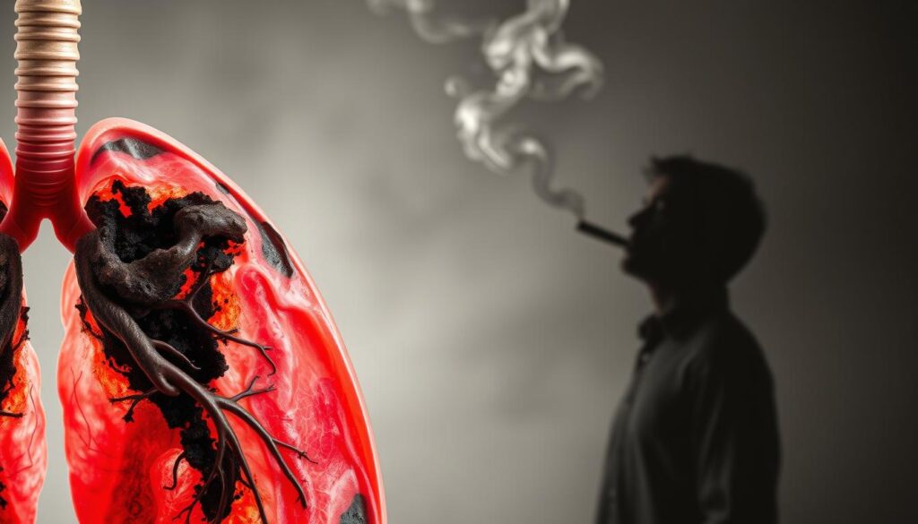 A detailed anatomical illustration of the detrimental health effects of tobacco smoking. In the foreground, a realistic cross-section of a damaged human lung, with blackened alveoli and inflamed bronchioles. In the middle ground, a shadowy silhouette of a person exhaling a plume of thick, noxious-looking smoke. The background is hazy and muted, evoking a sense of unease and the pervasive nature of secondhand smoke. The lighting is stark and clinical, emphasizing the gravity and seriousness of the subject matter. The overall composition conveys the insidious and far-reaching consequences of tobacco use on both the individual and their surrounding environment.