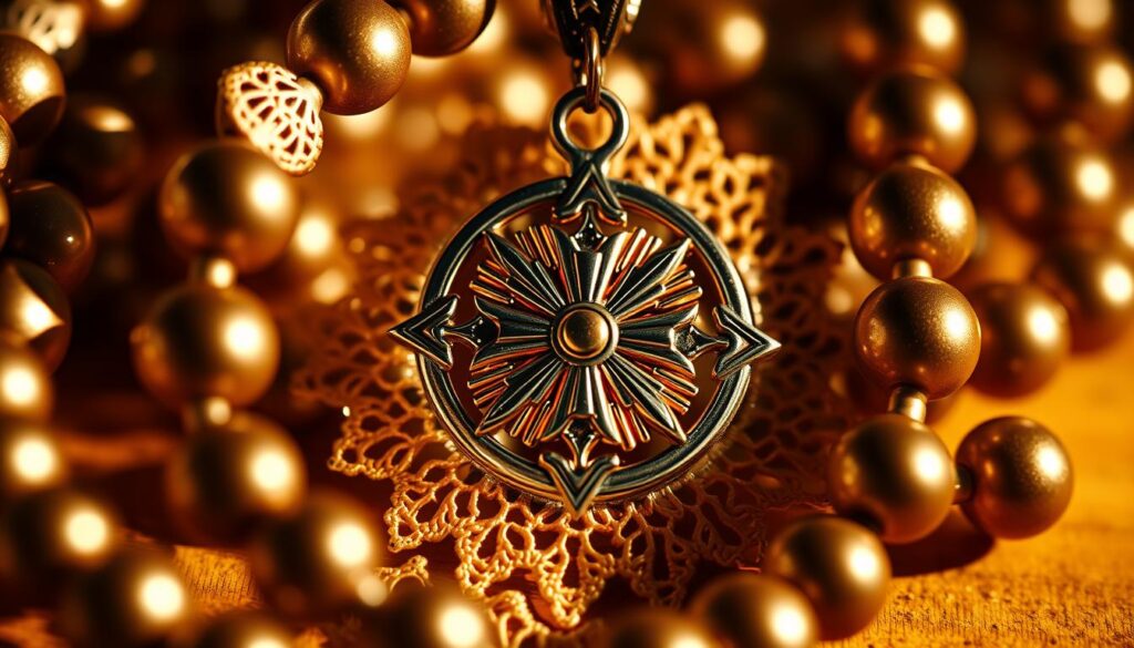 A detailed close-up of a rosary with a "Divine Mercy Chaplet" pendant, shot from a low angle with dramatic lighting. The rosary beads are made of intricate lace-like lacework, creating an ornate, delicate appearance. The central pendant features an intricate floral design, with rays of light emanating from the center. The image conveys a sense of reverence, devotion, and the divine presence of God's Mercy. The lighting is soft and warm, creating a serene, contemplative atmosphere.