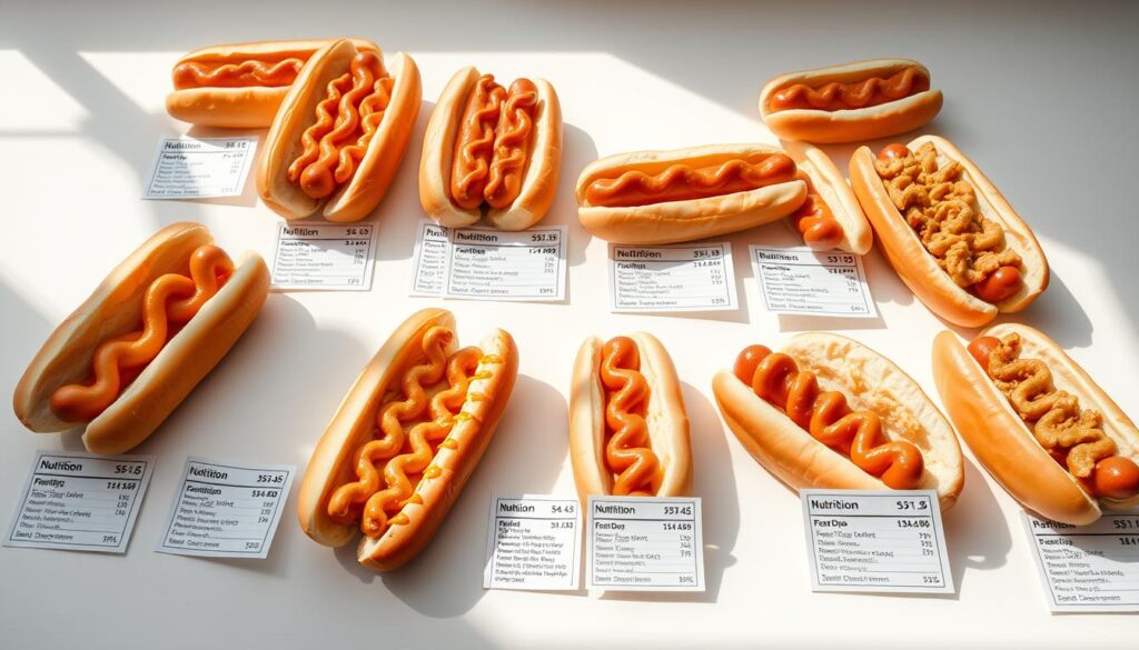 A detailed comparison of the nutritional values of hot dogs from various fast food chains. A clean, well-lit tabletop setting with an array of hot dogs neatly arranged, each accompanied by a clear nutritional information label. The focus is on the data, with a minimalist, clinical aesthetic emphasizing objectivity and clarity. Natural lighting casts soft shadows, creating depth and dimensionality. The composition is balanced, with the hot dogs positioned in a grid-like formation to facilitate easy comparison. The overall mood is informative and analytical, inviting the viewer to closely examine and contrast the nutritional profiles.