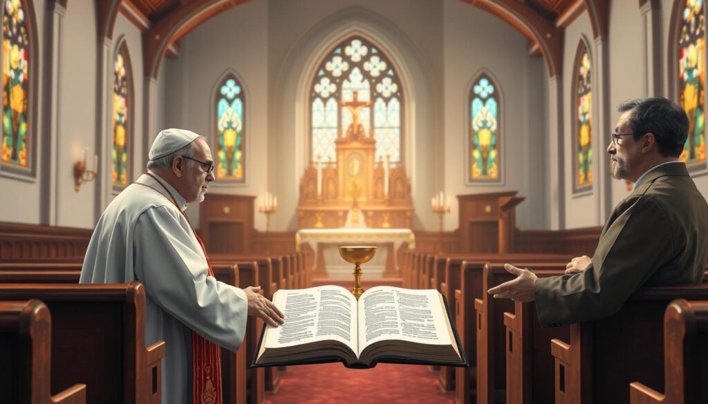 A detailed illustration of the distinct theological and liturgical practices that differentiate the Catholic and Protestant (Evangelical) branches of Christianity. A serene, well-lit interior church setting, with pews and an ornately decorated altar on the far wall. In the foreground, two contrasting figures - a Catholic priest in traditional vestments, and an Evangelical pastor in simple clerical attire, engaged in thoughtful discussion. The middle ground showcases symbolic elements like a crucifix, communion chalice, and an open Bible, highlighting the core theological differences. The background features stained glass windows casting warm, ethereal light, conveying the reverent atmosphere. Realistic, photorealistic style, high detail and resolution.