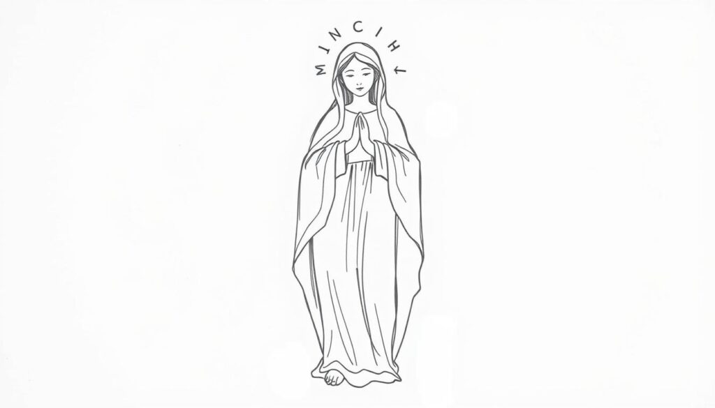 A detailed sketch of the Virgin Mary in a simple, basic form. The figure is drawn in soft, flowing lines with minimal shading, focusing on the core silhouette and proportions. The composition places the subject in the center, against a plain, neutral background with subtle ambient lighting to accentuate the form. The overall mood is serene and contemplative, suitable for illustrating the foundational steps of the drawing process. The perspective is frontal, allowing the viewer to clearly see the essential structure without distracting details.