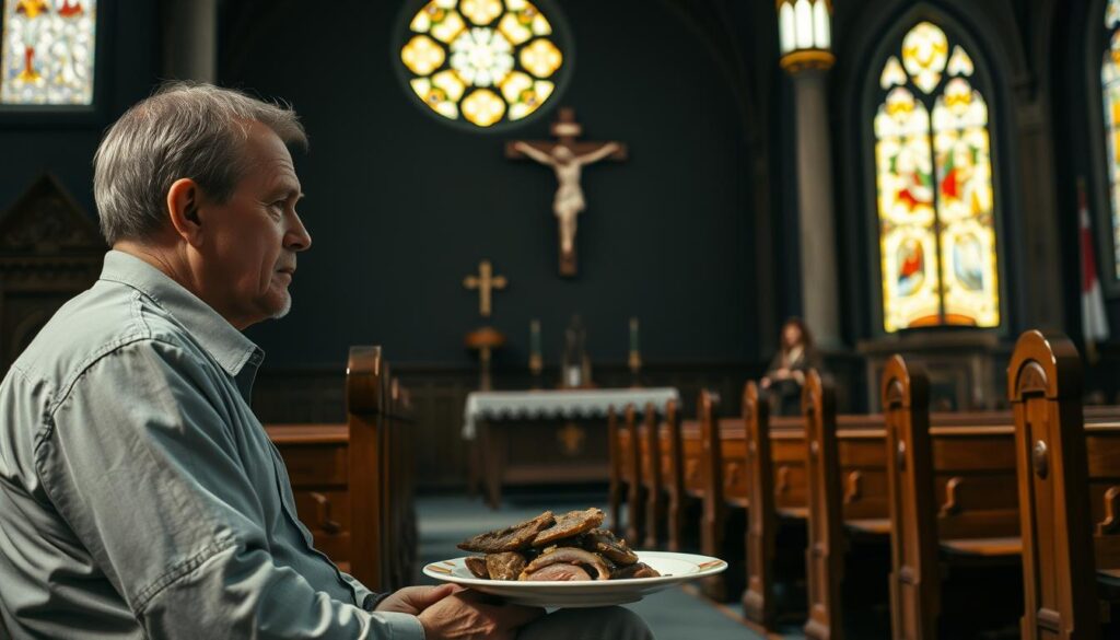 A dimly lit Catholic church interior, with ornate wooden pews and a stained glass window casting warm light. In the foreground, a thoughtful parishioner sits contemplating a plate of meat, their expression pondering the moral dilemma of consuming it on a Friday. The middle ground features a crucifix mounted on the wall, while the background showcases the altar and pulpit, hinting at the theological questions at the heart of this debate. The scene is rendered with a somber, reverent tone, inviting the viewer to consider the complexities of religious observance and personal conviction.
