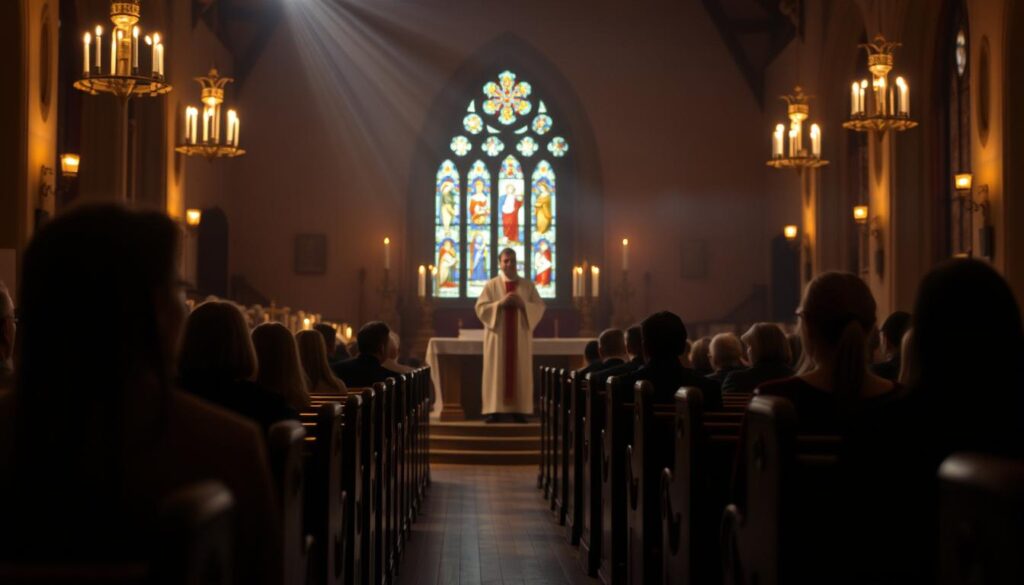 A dimly lit Catholic church interior, with rows of wooden pews and a central altar adorned with candles and religious iconography. The focus is on a priest solemnly conducting a funeral mass, his robes casting a soft glow in the warm, ambient lighting. In the foreground, several mourners sit silently, their faces somber and reflective. The middle ground features an ornate, stained-glass window casting colorful rays of light onto the scene. The background is hazy, with the faint silhouettes of other parishioners gathered to pay their respects. The overall atmosphere evokes a sense of reverence, solemnity, and the weight of loss.
