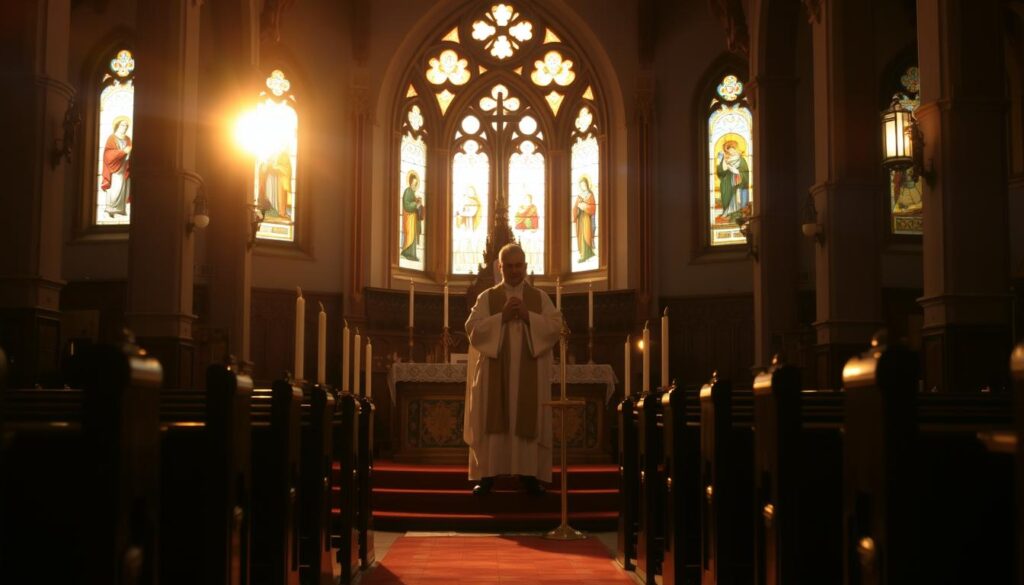 A dimly lit Catholic church interior, with warm, soft lighting filtering through stained glass windows. In the foreground, an ornate altar adorned with religious iconography and candles, creating an atmosphere of solemnity and reverence. In the middle ground, a priest in traditional vestments standing at the altar, hands clasped in prayer. The background features wooden pews and a vaulted ceiling, hinting at the grandeur and history of the sacred space. The scene conveys a sense of serenity and contemplation, inviting the viewer to imagine the setting for a Gregorian mass.