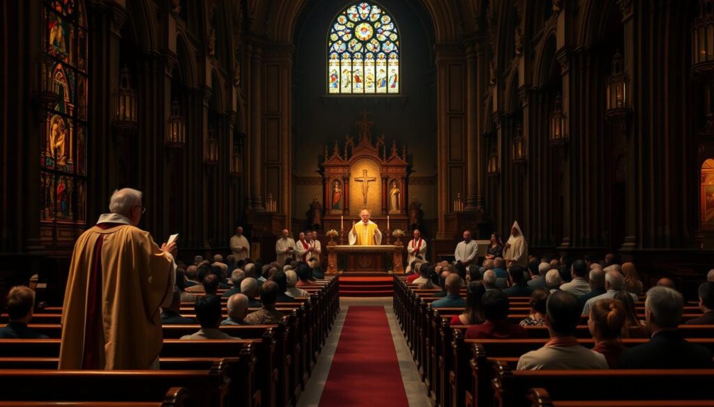 A dimly lit cathedral interior, with ornate altars and stained glass windows casting a warm, golden glow. In the foreground, an elderly priest stands at the pulpit, reciting a solemn mass for the departed. Rows of pews stretch into the middle ground, where a diverse congregation sits in quiet reflection. In the background, various church officials, each adorned in distinct liturgical robes, represent the differing dioceses and their associated costs for such services. The atmosphere is somber, yet reverent, capturing the nuanced variations in funeral mass pricing across different regions. A dimly lit cathedral interior, with ornate altars and stained glass windows casting a warm, golden glow. In the foreground, an elderly priest stands at the pulpit, reciting a solemn mass for the departed. Rows of pews stretch into the middle ground, where a diverse congregation sits in quiet reflection. In the background, various church officials, each adorned in distinct liturgical robes, represent the differing dioceses and their associated costs for such services. The atmosphere is somber, yet reverent, capturing the nuanced variations in funeral mass pricing across different regions.