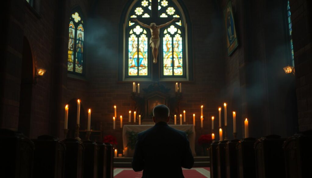 A dimly lit chapel, the air thick with the scent of incense. In the foreground, a supplicant kneels before an ornate altar, hands clasped in prayer. Warm candlelight flickers, casting deep shadows that dance across the weathered stone walls. The middle ground reveals stained glass windows, their vibrant hues filtering the soft light. In the background, a large crucifix looms, its sorrowful gaze watching over the sacred ritual. The mood is solemn, contemplative, as the petitioner seeks divine intervention to break a powerful curse.