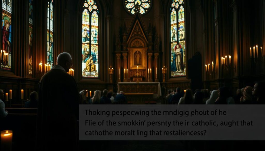 A dimly lit church interior, bathed in warm candlelight. In the foreground, a priest stands solemnly, his robed figure casting a contemplative shadow. Surrounding him, stained glass windows depict biblical scenes, their colored light casting an ethereal glow. In the middle ground, congregants kneel in reverent prayer, their heads bowed in contemplation. In the background, the ornate altar stands as a central focus, its intricate carvings and gold accents reflecting the somber mood. The atmosphere is one of introspection and moral deliberation, as the prompt ponders the Catholic Church's perspective on the moral implications of smoking.
