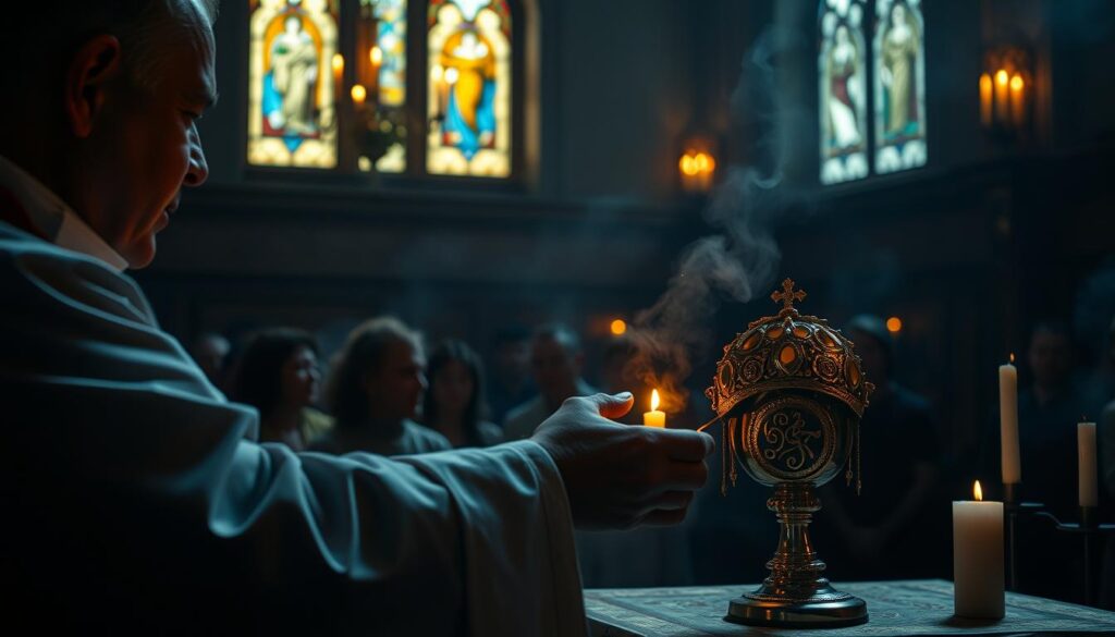 A dimly lit church interior, the air heavy with the scent of candles and incense. In the foreground, a priest performs a ritual, his hands tracing sacred symbols over an ornate chalice. The middle ground reveals parishioners in deep contemplation, their faces etched with concern. In the background, stained glass windows cast a soft, reverent glow, casting a serene atmosphere. The scene evokes a sense of reverence, as if the weight of a dark curse is being lifted through the power of sacramental rites.