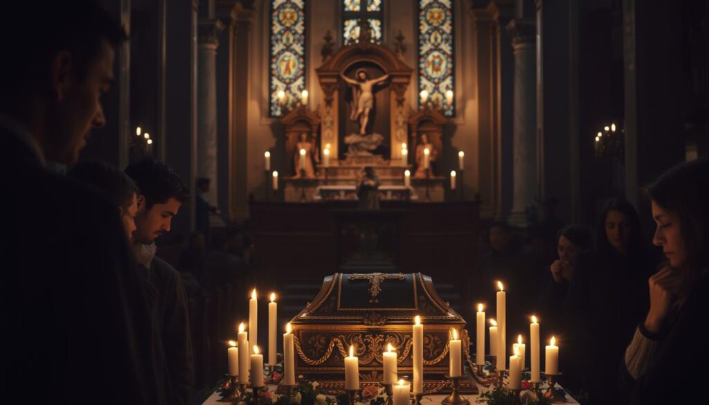 A dimly lit church interior, the focal point being a solemn display of the Holy Sepulcher adorned with candles and reverent offerings. Soft, warm lighting casts a serene, prayerful atmosphere as the faithful gather in quiet adoration, their faces illuminated by the sacred glow. The ornate altar and religious iconography in the background lend an air of solemnity and tradition to the scene. The composition emphasizes the sacred nature of this moment, capturing the profound reverence and contemplation of the observers as they honor the Passion of Christ. A dimly lit church interior, the focal point being a solemn display of the Holy Sepulcher adorned with candles and reverent offerings. Soft, warm lighting casts a serene, prayerful atmosphere as the faithful gather in quiet adoration, their faces illuminated by the sacred glow. The ornate altar and religious iconography in the background lend an air of solemnity and tradition to the scene. The composition emphasizes the sacred nature of this moment, capturing the profound reverence and contemplation of the observers as they honor the Passion of Christ.