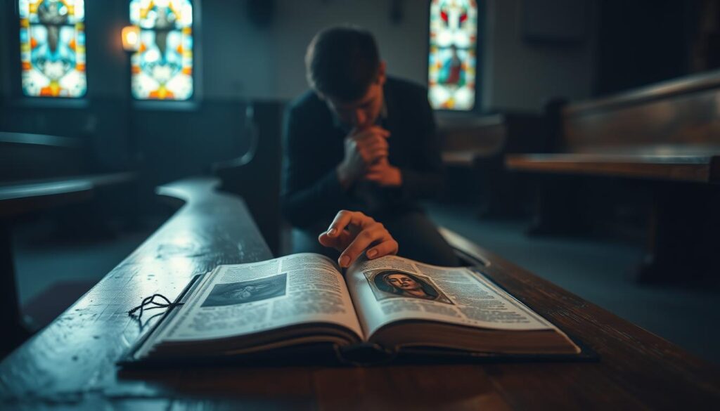 A dimly lit church interior, with a single candle illuminating a worn wooden pew. In the foreground, a pair of clasped hands rests upon a well-worn prayer book, the pages open to a page depicting a sacred image. The surrounding air is thick with a sense of solemnity and reverence, as the figure kneels in deep contemplation, seeking divine guidance in the recovery of a lost item. Soft, diffuse lighting filters through stained glass windows, casting a warm, ethereal glow upon the scene. The atmosphere is one of quiet desperation and unwavering faith, with the subject's posture and expression conveying a profound determination to find what has been misplaced.