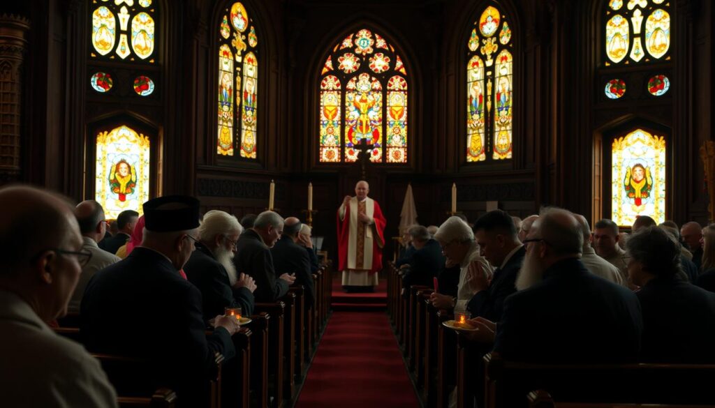 A dimly lit church interior, with rows of wooden pews and ornate stained glass windows casting a warm, golden glow. In the foreground, a group of worshippers of various faiths engage in Friday meatless rituals - some abstaining from meat, others substituting fish or vegetarian dishes. Their faces reflect the solemnity and reverence of the moment, as they participate in the shared tradition that transcends religious boundaries. In the background, a priest or religious leader presides over the proceedings, guiding the congregation through the customary practices. The scene evokes a sense of spiritual unity and the enduring power of faith-based dietary observances.
