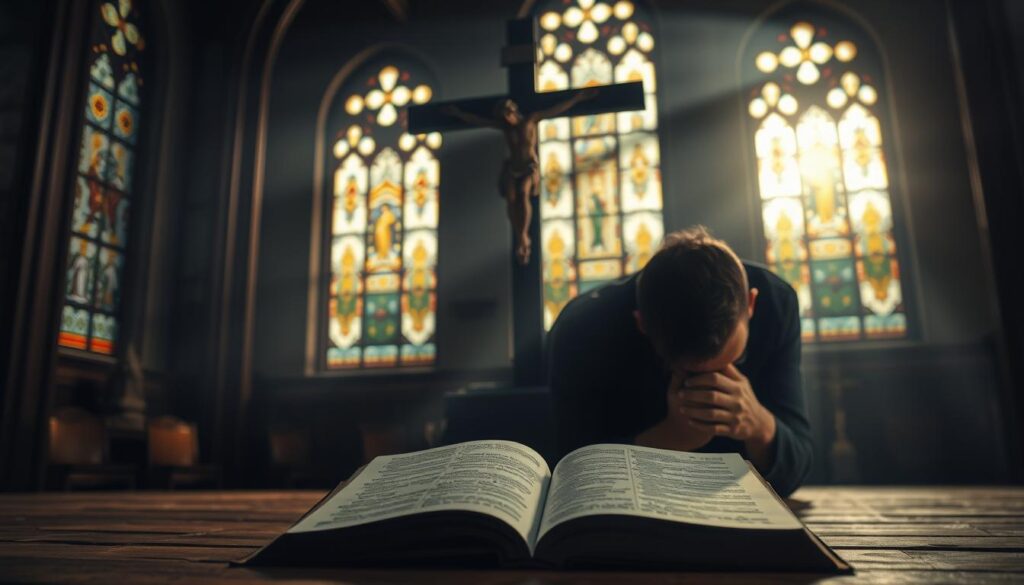 A dimly lit church interior, with stained glass windows casting a warm, reverent glow. In the foreground, a man kneels in prayer, his face buried in his hands, expression conflicted. Behind him, a large crucifix looms, casting a shadow that seems to question his actions. In the middle ground, a Bible lies open, its pages illuminated, hinting at the theological debate around the concept of "self-gratification" and its perceived sinfulness. The background is hazy, suggesting the heavy weight of tradition and doctrine. The overall atmosphere is one of somber contemplation, as the viewer is invited to ponder the complex relationship between the human experience and the divine.