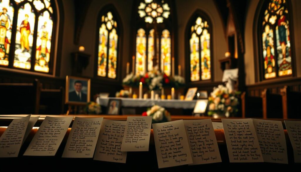 A dimly lit church interior, with stained glass windows casting warm, ethereal light across the pews. On the altar, a collection of framed photographs, candles, and floral arrangements, creating a solemn and reverent atmosphere. In the foreground, a series of handwritten prayer cards, their text representing various personal intentions and messages for the deceased. The scene is captured with a shallow depth of field, focusing the viewer's attention on the delicate details of the memorial display.