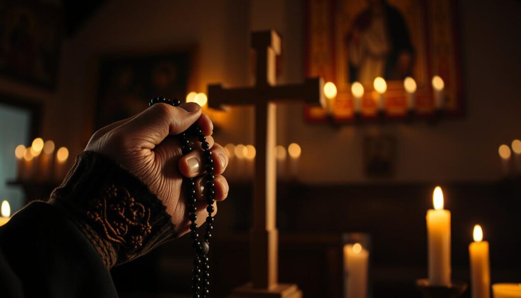 A dimly lit interior, illuminated by the warm glow of candles. In the foreground, a pair of aged, weathered hands clutching a worn rosary, the fingers tracing the beads as they recite a solemn litany. The middle ground features a simple wooden cross, its edges worn and weathered, a symbol of remembrance and faith. In the background, a sense of reverence and solemnity pervades the space, the walls adorned with tapestries and sacred iconography, creating an atmosphere of profound reflection and commemoration. The lighting is soft and muted, casting a somber, contemplative mood over the scene, capturing the essence of a prayer for the departed father, a tribute to his memory and the enduring power of faith in the face of loss.