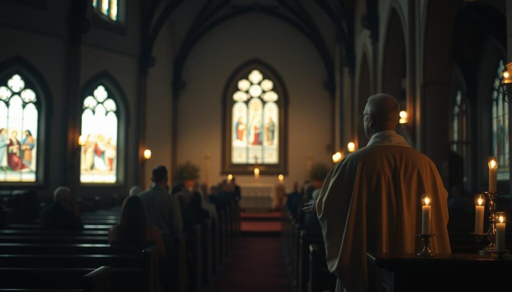 A dimly lit interior of a Catholic church, with rows of pews and stained glass windows casting a soft, warm glow. In the foreground, a priest stands at the altar, leading the weekday mass, his robed figure silhouetted against the flickering candles. The congregation, seated in quiet reverence, fills the middle ground, while the background fades into the shadows, suggesting the tranquil, unhurried pace of the weekday service. The scene conveys a sense of serene devotion and the timeless rhythm of the liturgy.