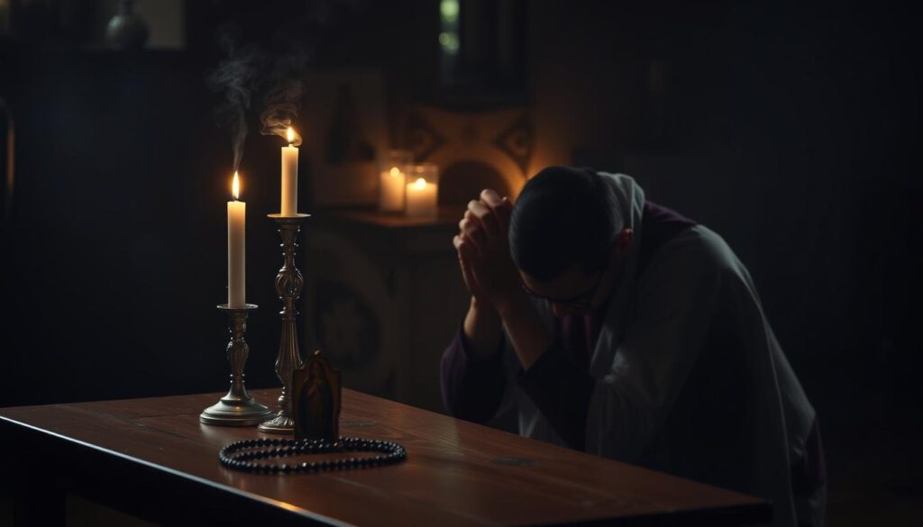 A dimly lit room, filled with the soft glow of candlelight. On a wooden table, a rosary, a small religious icon, and a lit candle stand in reverent arrangement. The air is heavy with the scent of incense, creating an atmosphere of quiet contemplation. A person, their face obscured by shadow, kneels in prayer, hands clasped, eyes closed, preparing to embark on the Litany of Loreto. The scene evokes a sense of sacred ritual, a moment of devotion and inner reflection before the recitation of this beloved Marian prayer.