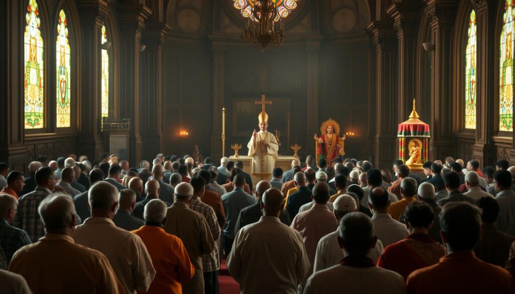 A diverse array of worshipers gathered in an ornate, dimly-lit sanctuary, each observing a religious service in their own unique cultural tradition. In the foreground, a solemn Catholic mass is underway, with robed clergy and kneeling congregants. In the middle ground, an Islamic imam leads a congregational prayer, as worshipers face Mecca. In the background, a Hindu pujari performs a colorful, ritualistic puja ceremony. Warm, filtered light filters in through stained glass windows, casting a reverent, contemplative atmosphere over the scene. The image captures the universality of spiritual expression across cultures, conveying the idea that the duration of a religious service can vary significantly depending on the specific faith tradition.