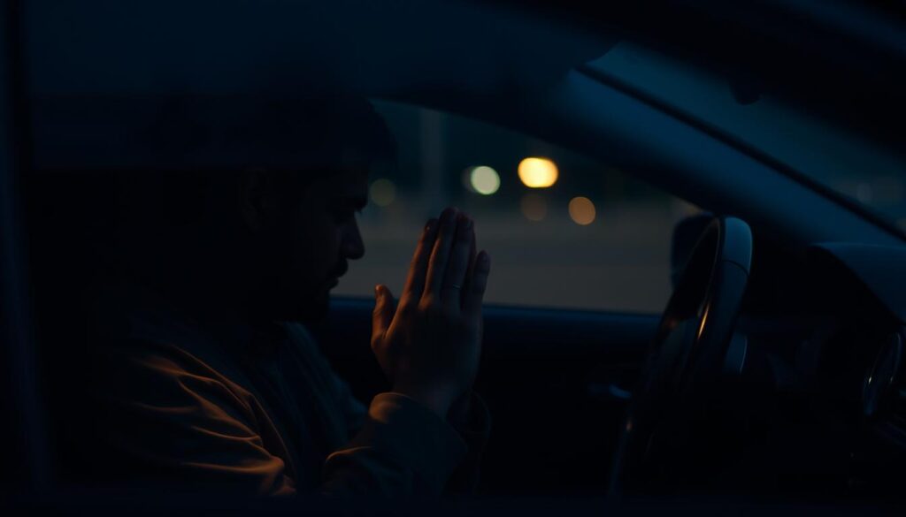 A driver in a car, hands clasped in prayer, the interior dimly lit with a soft, warm glow. The steering wheel and dashboard are visible, creating a sense of intimacy and devotion within the confines of the vehicle. The driver's face is obscured, but their posture conveys a serene, reverent mood as they seek divine guidance and protection before embarking on their journey. The scene evokes a moment of contemplation and spiritual preparation, capturing the essence of a driver's prayer before setting out on the road.