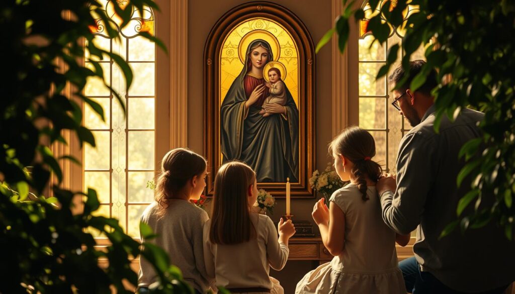 A family gathering around a home altar, reverently praying before a beautifully crafted icon of Saint Anne. Warm, golden light filters in through stained glass, casting a serene, contemplative atmosphere. The parents and children kneel humbly, rosary beads in hand, faces filled with devotion. Lush, verdant foliage frames the scene, suggesting the nurturing, protective presence of the saint. Soft, diffused lighting accentuates the sacred, timeless quality of the moment. A deeply spiritual, devotional scene capturing the essence of praying to Saint Anne for peace, guidance, and hope within the family.