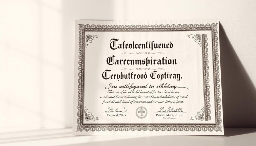 A formal certificate with ornate border and intricate designs, representing a Catholic sacrament of confirmation. The document is displayed against a softly lit, neutral background, creating a serene and reverent atmosphere. The paper texture and calligraphic script evoke a sense of tradition and authenticity. The overall composition highlights the certificate's significance as an official church document, conveying the importance of the sacrament of confirmation in the Catholic faith.