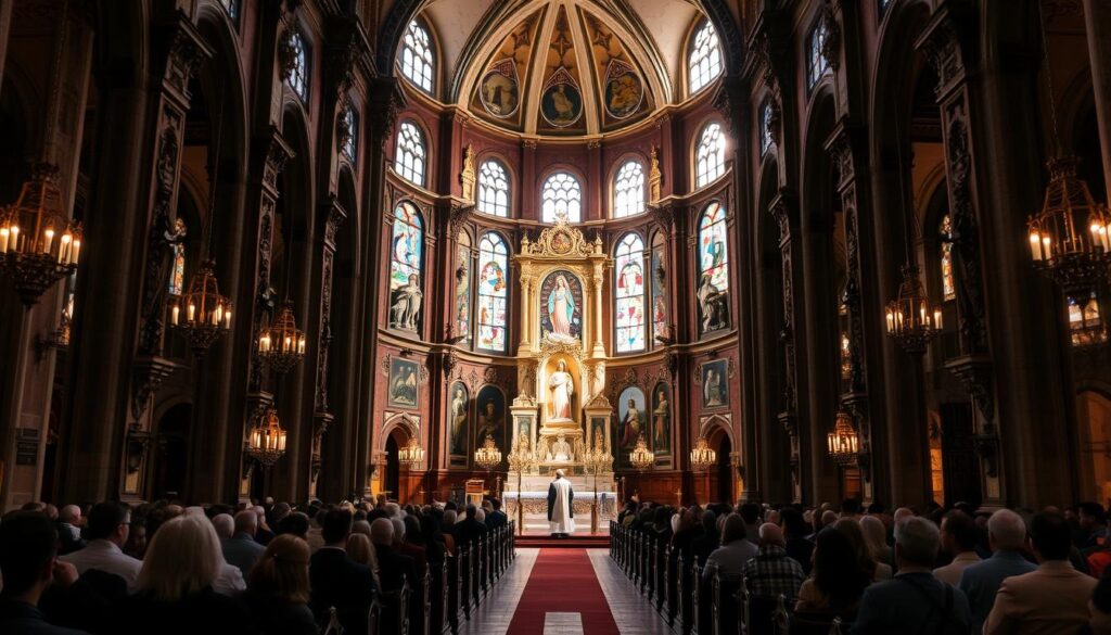 A grand Catholic sanctuary in Janów Lubelski, Poland, bathed in warm, reverent light. Worshippers gather in the ornate, high-ceilinged interior, as an exquisitely robed priest conducts the solemn mass before a stunning altarpiece depicting the Virgin Mary. Intricate stained glass windows cast multicolored hues across the marble floors, while ornate wooden pews and gilded accents create an atmosphere of profound spirituality. The scene evokes a sense of timeless tradition and deep devotion, capturing the essence of the sanctuary's liturgical services.