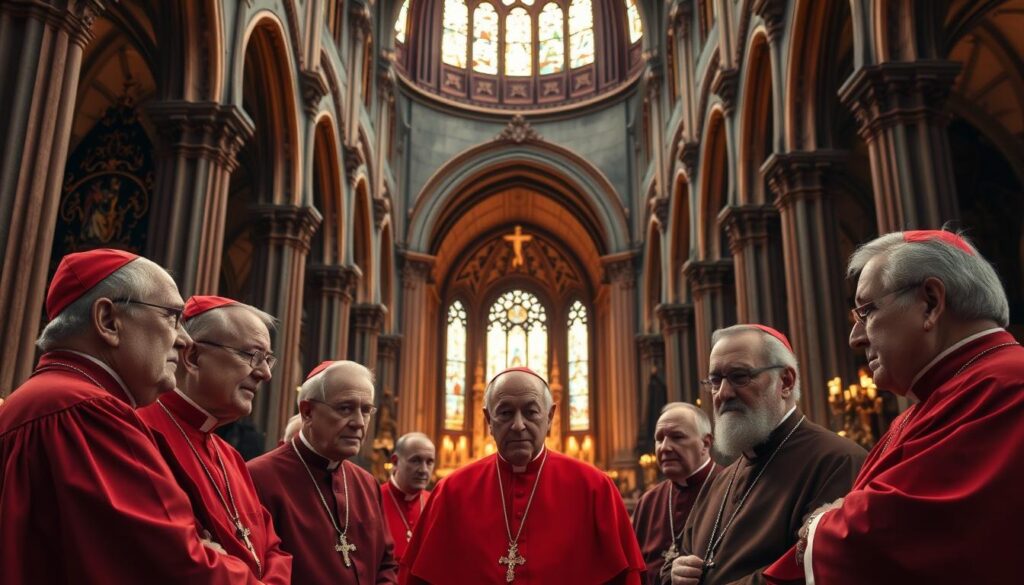 A grand cathedral interior, its soaring arches and stained glass windows casting a warm, reverent glow. At the center, a group of distinguished cardinals in their crimson robes, engaged in solemn discussion. Their weathered faces convey a sense of wisdom and authority, reflecting their influential roles within the Polish Catholic Church. The background is rich with ecclesiastical details - ornate altars, intricate tapestries, and the subtle interplay of light and shadow. The overall atmosphere evokes a profound sense of tradition, spirituality, and the Cardinal's vital importance to the religious fabric of Poland.