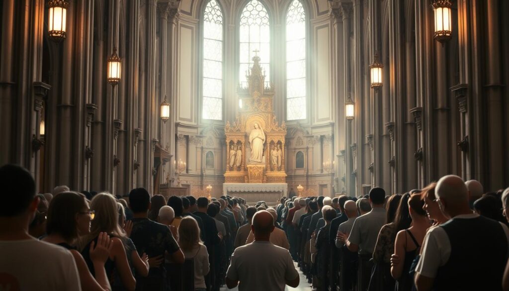 A grand cathedral interior, soft morning light filtering through stained glass windows. The altar is adorned with intricate carvings and ornate candlesticks, a magnificent centerpiece. In the foreground, a crowd of worshippers kneels in reverence, hands clasped in prayer. Their faces reflect a sense of peace and devotion. The atmosphere is one of sacred tranquility, as if time has stood still for this moment of divine communion. Elegant pews line the aisles, their dark wood contrasting with the light-filled space. A sense of awe and spiritual contemplation permeates the scene, capturing the essence of the "Sunday of Divine Mercy" liturgy.