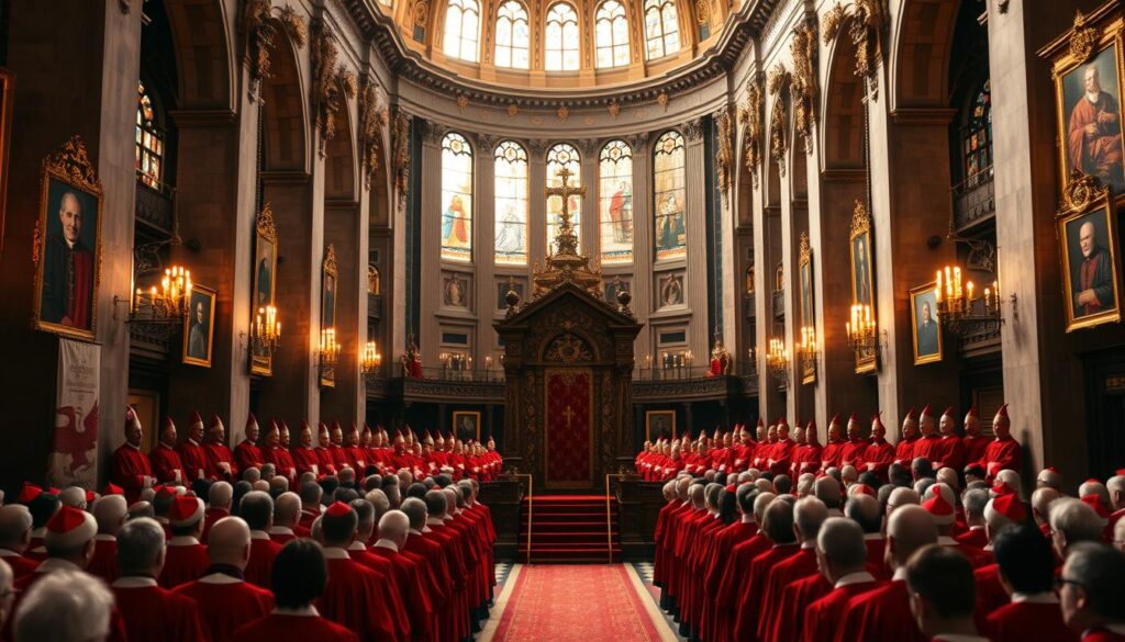 A grand cathedral interior, the ornate walls adorned with gilded altarpieces and stained glass windows casting warm light upon the rows of red-robed cardinals gathered in solemn congregation. In the center, a majestic cardinal's throne, its high-backed chair and intricate carvings a testament to the power and prestige of the Polish church. Portraits of past cardinals line the walls, their stern gazes bearing witness to centuries of history and tradition. The atmosphere is one of reverence and solemnity, capturing the gravity and importance of the cardinal's role in the Polish Catholic hierarchy.