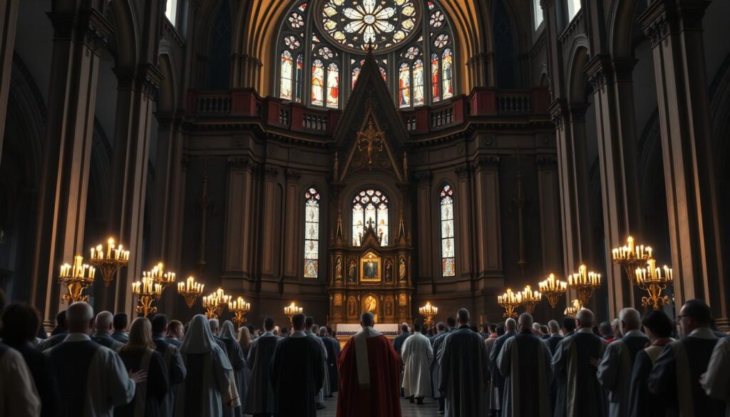 A grand cathedral stands tall against the backdrop of the Jasna Góra Monastery, its ornate architecture and stained glass windows bathed in soft, diffused lighting. In the foreground, a solemn procession of clergy and worshippers make their way towards the altar, their robes and vestments flowing gracefully. The scene exudes a sense of reverence and timeless tradition, inviting the viewer to contemplate the significance of the eternal mass and the value of investing in this sacred ritual. The composition is balanced, with a sense of depth and dimensionality, creating a visually compelling and emotionally evocative representation of the subject matter.