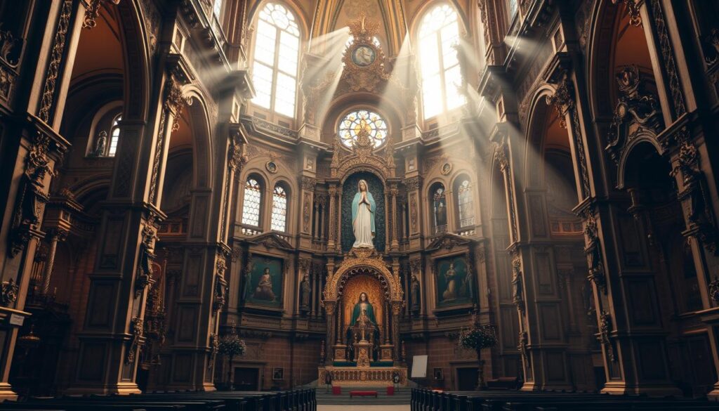 A grand, ornate Catholic cathedral nestled in the heart of Janów Lubelski, Poland, its towering spires and intricate facades bathed in warm, golden light. The interior is filled with intricate religious imagery and ornate altars, centered around a magnificent, gilded statue of the Virgin Mary, the focal point of the Marian cult that has drawn pilgrims to this sacred site for centuries. The atmosphere is one of reverence and tranquility, with sunlight streaming through stained glass windows, casting a serene, ethereal glow throughout the sanctuary. The overall scene evokes a sense of timeless devotion and the enduring power of religious faith.