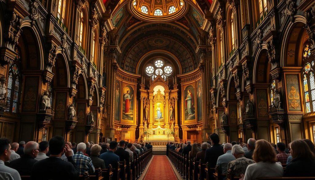 A grand, ornate sanctuary with intricate architectural details. The altar of St. Joseph stands at the center, illuminated by warm, golden light streaming through stained glass windows. Elaborate carvings, murals, and religious iconography adorn the walls, creating a reverent, mystical atmosphere. Worshippers kneel in pews, lost in private contemplation. The scene conveys a sense of timeless devotion and the profound spiritual significance of this holy place.