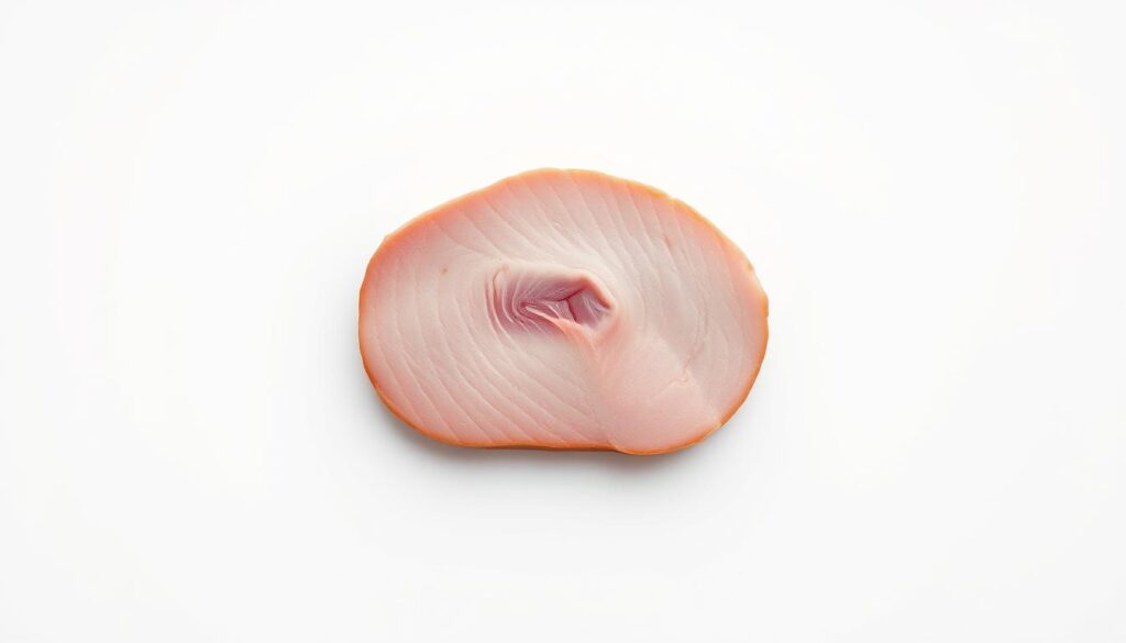 A high-resolution, detailed still life image of a single slice of cooked ham on a white background. The ham is placed in the center of the frame, showcasing its pink color, marbling, and distinct texture. The lighting is soft and diffused, creating gentle shadows that accentuate the three-dimensional form of the meat. The image has a clean, minimalist aesthetic, allowing the viewer to focus on the specific nutritional information of the ham slice. The overall mood is one of clinical precision and informative clarity, suitable for an educational article on the caloric content of different types of ham.
