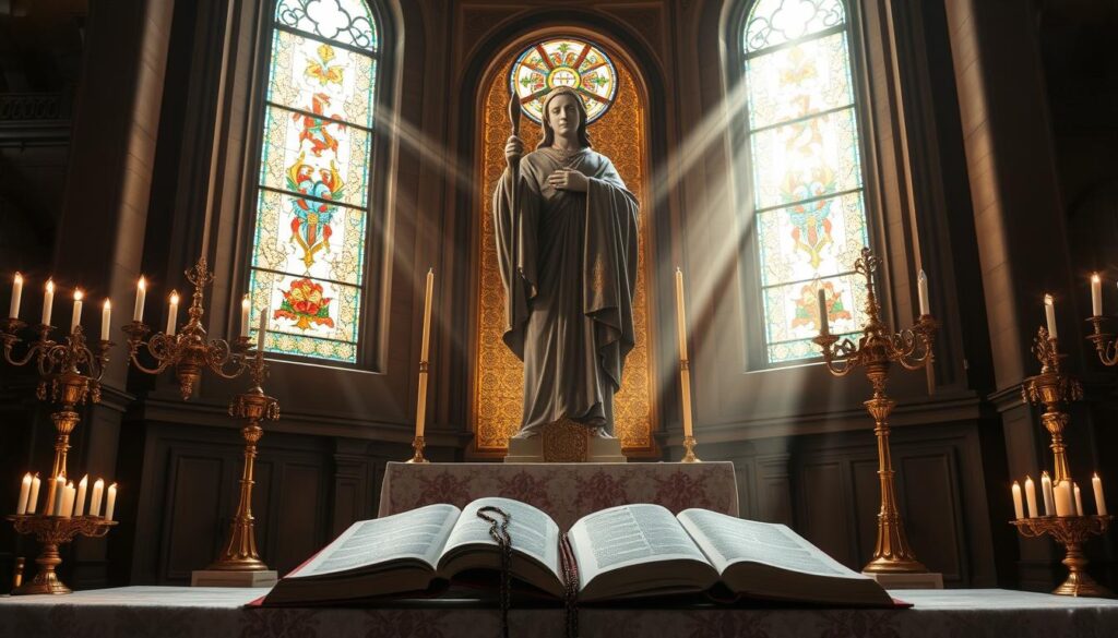 A majestic Catholic altar adorned with ornate candelabras, a glowing stained-glass window, and a striking, larger-than-life statue of Saint Expeditus standing tall and resolute. Rays of heavenly light stream through the window, casting a warm, reverent glow over the scene. In the foreground, open prayer books and rosaries rest on the altar, symbolizing the spiritual promises associated with devotion to this revered saint. The atmosphere is one of profound reverence, faith, and the divine connection between the mortal and the celestial.
