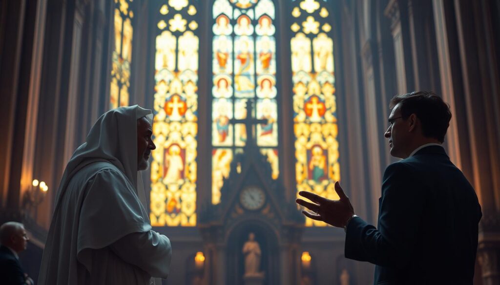 A majestic cathedral stands tall, its stained-glass windows casting a warm, ethereal glow. In the foreground, two figures, one in a white robe and the other in a dark suit, engage in a thoughtful discussion, their gestures and expressions conveying the weight of their theological discourse. The background is hazy, with hints of religious iconography and ornate architectural details, creating a sense of reverence and contemplation. The lighting is soft and atmospheric, drawing the viewer's gaze to the central figures and the profound nature of their dialogue on the teachings of salvation.