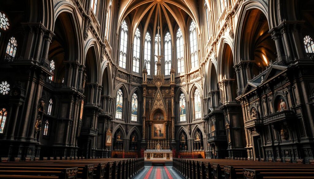 A majestic gothic cathedral stands tall, its soaring arches and ornate facade casting intricate shadows. The interior is bathed in warm, diffused light filtering through stained glass windows, revealing the ornate baroque detailing of the altar, pulpit, and pews. Detailed carvings, gilded accents, and ornate frescoes adorn the walls, creating an atmosphere of reverence and grandeur. The space is vast and awe-inspiring, evoking a sense of timeless spirituality. Capture the architectural splendor and religious ambiance of Sanktuarium św. Józefa Kalisz in a photorealistic image.