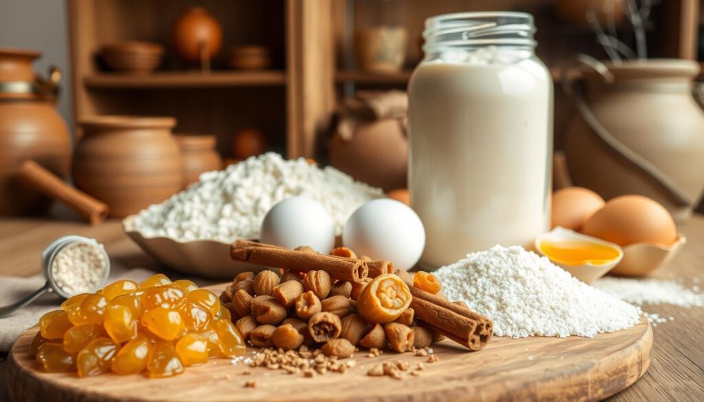 A meticulously arranged still life showcasing the key ingredients for a miodownik cake with semolina. In the foreground, a wooden board displays a pile of golden honey, a handful of plump raisins, and a sprinkle of cinnamon sticks. In the middle ground, a glass jar filled with creamy white semolina flour stands beside a cluster of whole eggs. The background features a warm, rustic setting with wooden shelves, clay pots, and hints of natural light filtering in, creating a cozy, homespun atmosphere. The composition is balanced, the lighting is soft and diffused, and the overall mood evokes the comforting, wholesome essence of traditional Polish baking.