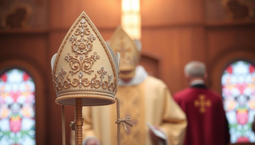 A meticulously crafted bishop's liturgical headdress, the mitra, stands in the foreground, its intricate embroidery and jeweled accents glimmering under a warm, softly diffused light. The mitra's distinctive pointed shape and flowing ribbons create a sense of regal elegance, perfectly suited for the solemn occasion. In the middle ground, the bishop's vestments, rich in color and texture, add depth and context to the scene. The background is subtly blurred, allowing the mitra to take center stage and command the viewer's attention, conveying the significance and solemnity of this symbolic episcopal garment.