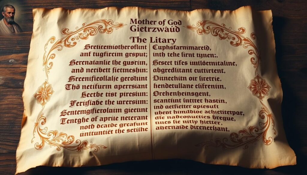 A meticulously crafted parchment scroll unfurls, revealing the ornate, calligraphic text of the Litany to the Mother of God of Gietrzwałd. The words, etched in rich, golden hues, appear to glide across the aged, weathered surface, imbued with a sense of reverence and devotion. Intricate floral motifs and ornamental patterns frame the text, evoking the sacred and the divine. Soft, warm lighting casts a gentle glow, lending an air of solemnity and contemplation to the scene. The overall composition captures the essence of the historic and spiritual significance of this revered Marian prayer. A meticulously crafted parchment scroll unfurls, revealing the ornate, calligraphic text of the Litany to the Mother of God of Gietrzwałd. The words, etched in rich, golden hues, appear to glide across the aged, weathered surface, imbued with a sense of reverence and devotion. Intricate floral motifs and ornamental patterns frame the text, evoking the sacred and the divine. Soft, warm lighting casts a gentle glow, lending an air of solemnity and contemplation to the scene. The overall composition captures the essence of the historic and spiritual significance of this revered Marian prayer.