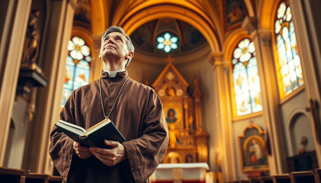 A pious Catholic monk dressed in a brown robe, standing in a serene church interior bathed in warm, golden light. In the foreground, the monk holds a book and looks up with a serene, contemplative expression. The middle ground features an ornate altar with religious iconography, while the background showcases high ceilings, stained glass windows, and other architectural details that evoke a sense of sacred, spiritual space. The overall atmosphere is one of reverence, devotion, and the saint's role as a patron figure for those seeking guidance and intercession.