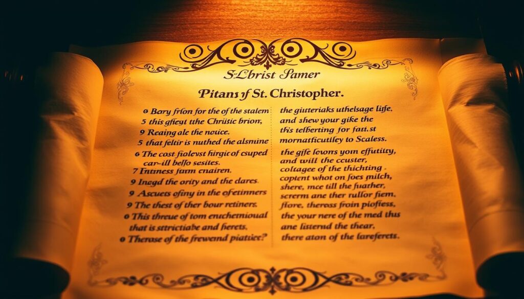 A prayer scroll unfurled, illuminated by warm, ambient lighting, its text rendered in elegant, calligraphic script. The intricate, ornate border frames the full text of the Litany of St. Christopher, the patron saint of travelers. The parchment-like surface evokes a sense of timelessness, while subtle shadows and highlights add depth and texture. The composition is balanced, allowing the sacred words to be the focal point, instilling a reverent, meditative atmosphere. A symbolic representation of the Litany, ready to guide the faithful on their journeys.