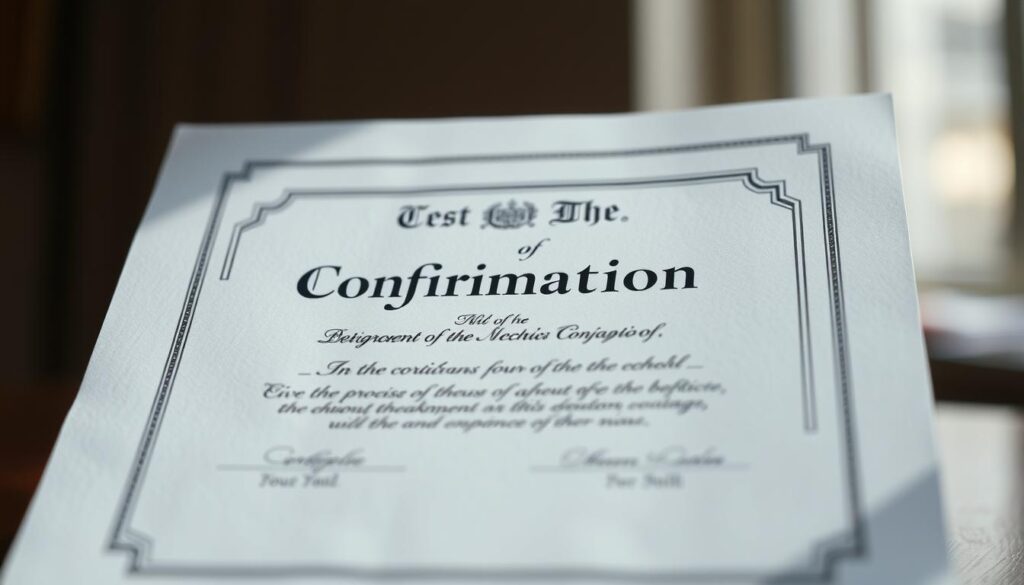 A pristine and official-looking document against a subtly blurred background, illuminated by soft, directional lighting. The certificate is centered, its elegant typography and intricate border design suggesting its importance and authenticity. The paper has a slight texture, reflecting the tactile quality of an official government or religious document. The overall mood is one of reverence and solemnity, capturing the significance of the sacrament of confirmation (or baptism) and the process of obtaining the corresponding certificate.