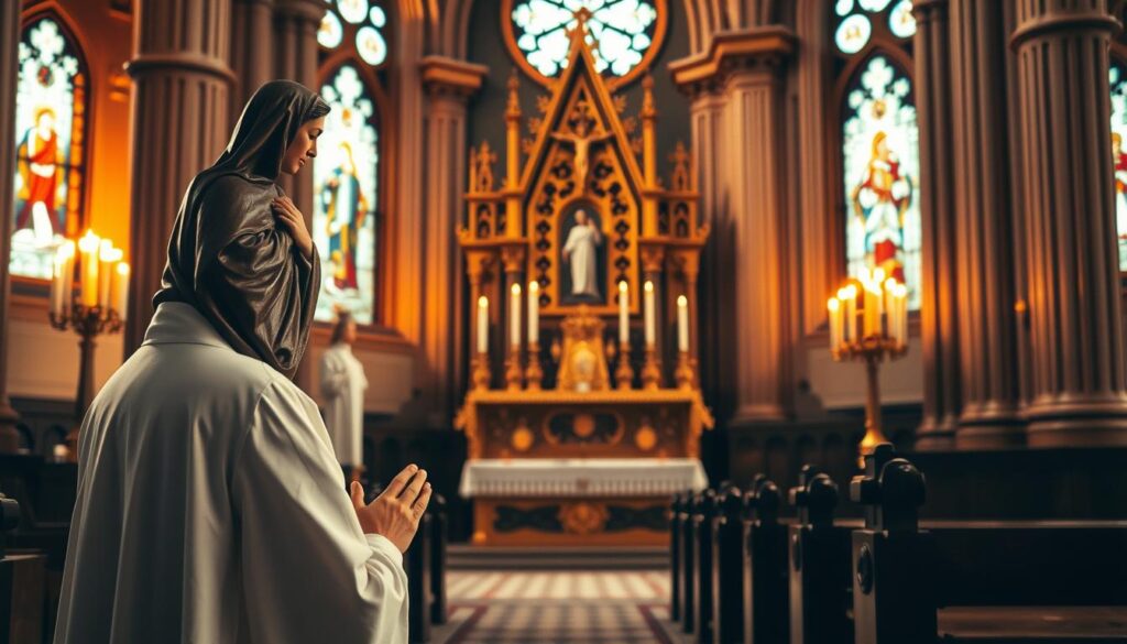 A serene and contemplative scene depicting the proper way to recite the Litany of St. Rita. In the foreground, a devout Catholic person kneels before a carved wooden statue of St. Rita, hands clasped in prayer. Warm, ambient lighting casts a soft glow, creating a reverent atmosphere. In the middle ground, an ornate, gilded altar with burning candles and a crucifix stands as the focal point. The background depicts a historic, traditional Catholic church interior with stained glass windows, ornate columns, and intricate architectural details, conveying a sense of sacred tranquility. The overall composition evokes a solemn, devotional mood suitable for the act of reciting the Litany of St. Rita.