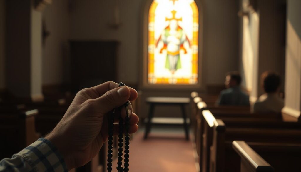 A serene and contemplative scene depicting the recitation of the traditional rosary. In the foreground, a pair of weathered, elderly hands hold a rosary, the beads gently moving between the fingers as the prayer is spoken. The middle ground features a dimly lit interior, with soft natural light filtering through a stained-glass window, casting a warm, golden glow. In the background, a simple wooden pew and the shadowy outlines of other worshippers suggest the tranquil setting of a small chapel or church. The atmosphere is one of quiet devotion, the passing of time marked by the rhythm of the rosary's repetition.