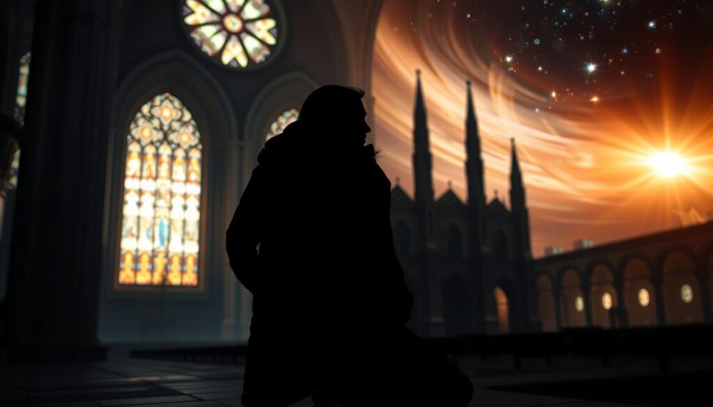 A serene and tranquil scene of a spiritual transformation, captured in a dramatic chiaroscuro lighting. In the foreground, a figure kneels in deep contemplation, their face aglow with an ethereal radiance. The middle ground features a grand cathedral, its stained-glass windows casting vibrant hues across the interior. In the background, a celestial sky swirls with a heavenly glow, evoking a sense of divine connection. The overall atmosphere is one of profound introspection and the restorative power of faith, perfectly capturing the essence of the "Litania do Jana Pawła II: Modlitwa, która odmienia życie" and its transformative impact on the lives of believers.